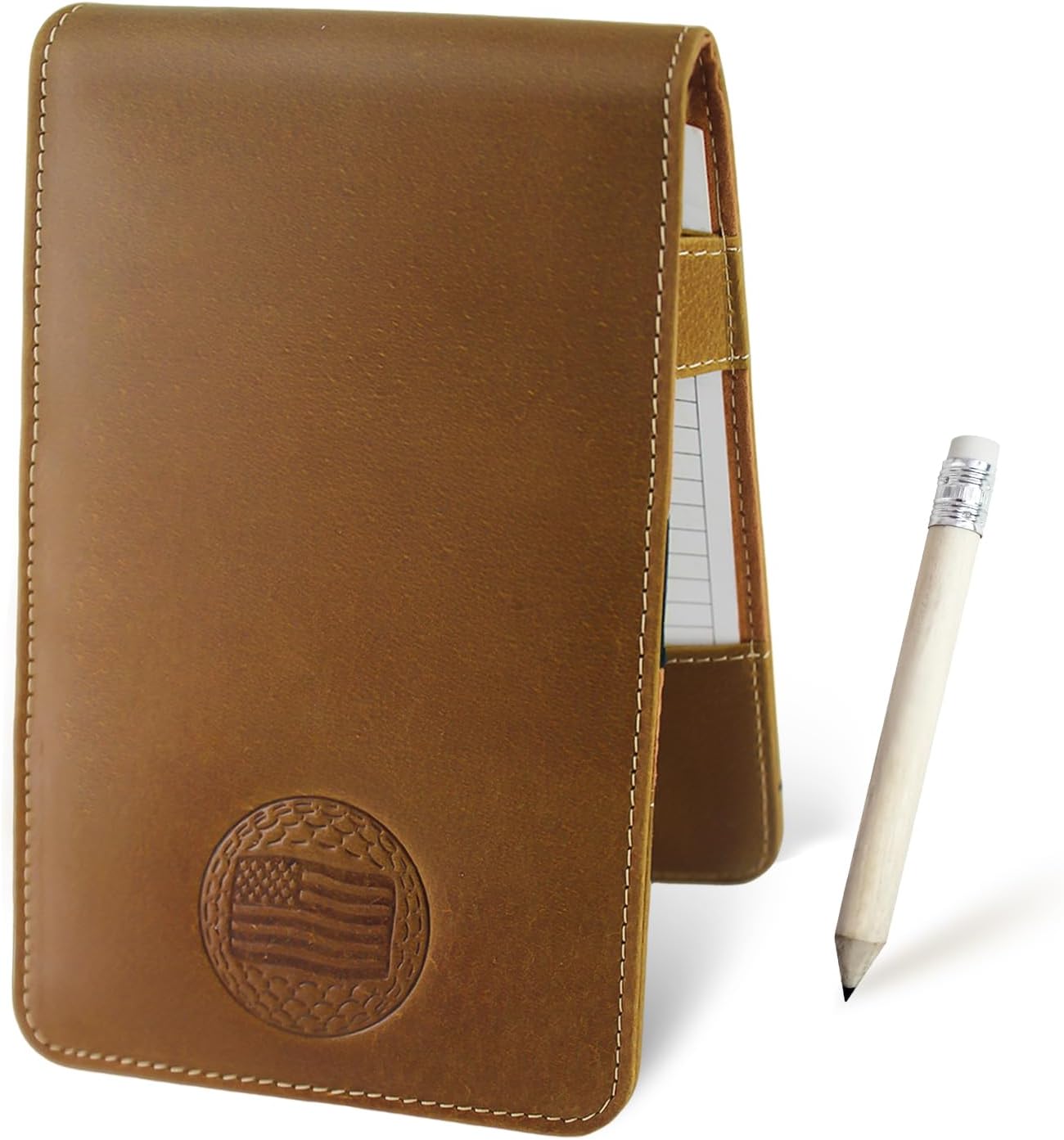 Leather Golf Scorecard Holder: USA Genuine Crazy Horse Leather Golf Yardage Book Cover with 1 Scorecard 1 Pencil Golf Notebook Back Pocket Cool Golf Gifts for Him Golfers Men
