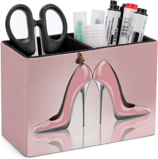 Pen Holder, Pencil Holder for Desk Organizer, Pink High Heel Shoes Butterfly PU Leather Pencil Cups Desktop Stationery Storage Makeup Brush Holder Pen Organizer for Office Home