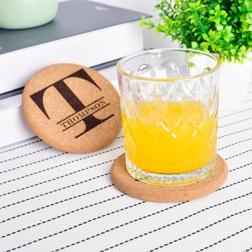 Personalized Cork Coasters for Drinks, Custom Engraved Absorbent Heat & Water Resistant Coasters for Cups and Mugs (T)