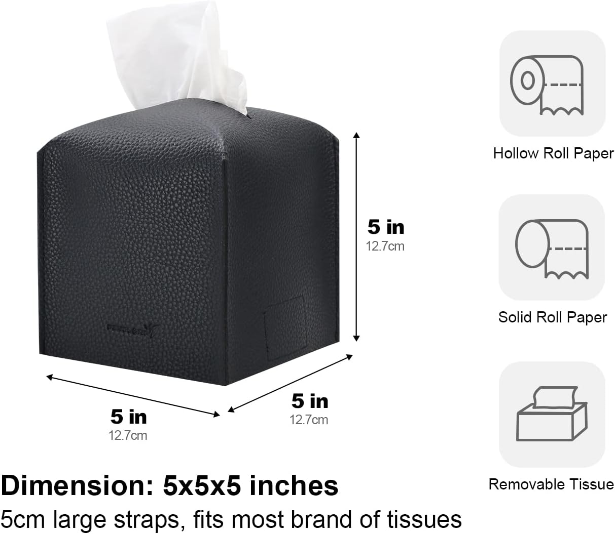 Tissue Box Cover 5X5X5'' PU Leather Tissue Holder Square Tissue Cube Box Organizer for Bathroom Vanity Countertop, Car, Night Stands, Office, Home, Kitchen (1Pack, Black)
