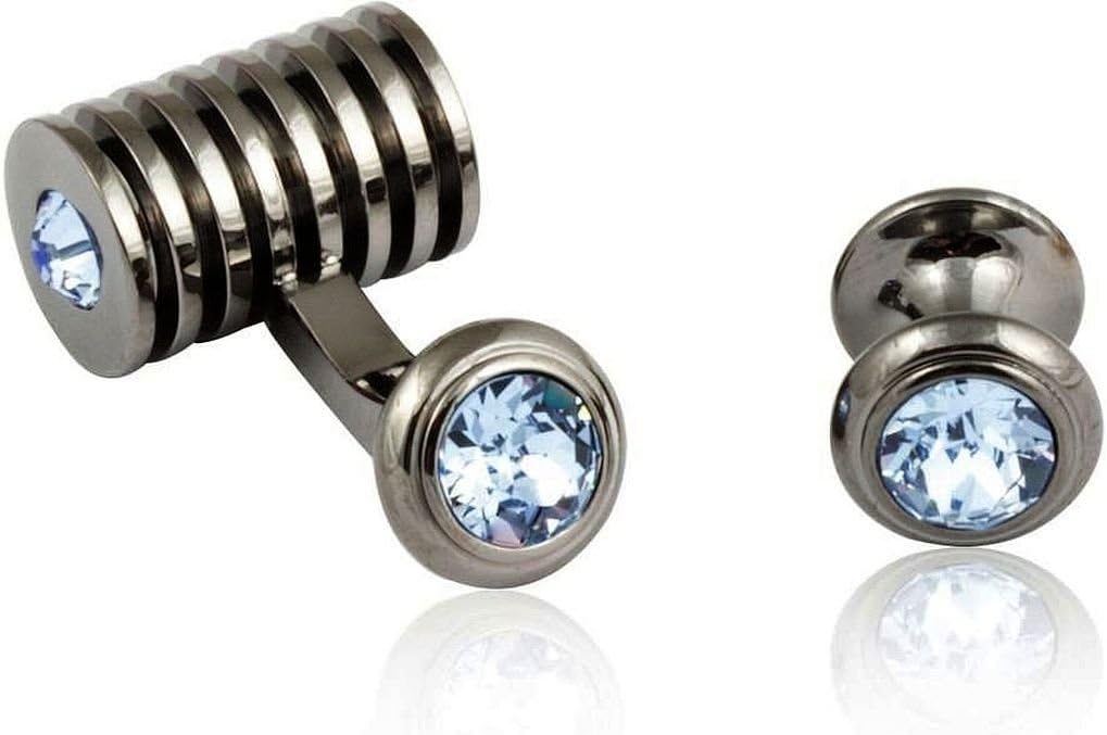Cuff-Daddy Gunmetal Light Blue Sapphire Barrel Crystal Cufflinks and Studs Formal Set with Jewelry Presentation Box Storage Travel Special Occasions