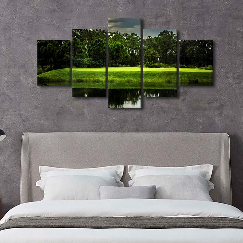 Wall Pictures for Living Room Golf Course Paintings Sunset Scape Artwork Multi Panel Green Canvas Wall Art Modern Home Decoration Giclee Wooden Framed Posters and Prints Ready to Hang - 60"W x 32"H