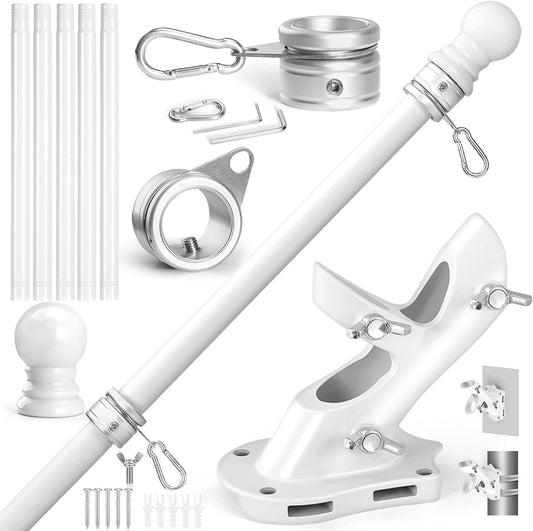 Anovo Flag Pole Kit- Stainless Steel 6 FT Flag Poles with1 Inch Metal 360° Rotating Flag Pole Rings Clip, Two-Position Flag Pole Holder Brackets Mounting for Outside House Outdoor Porch(6 FT - White)