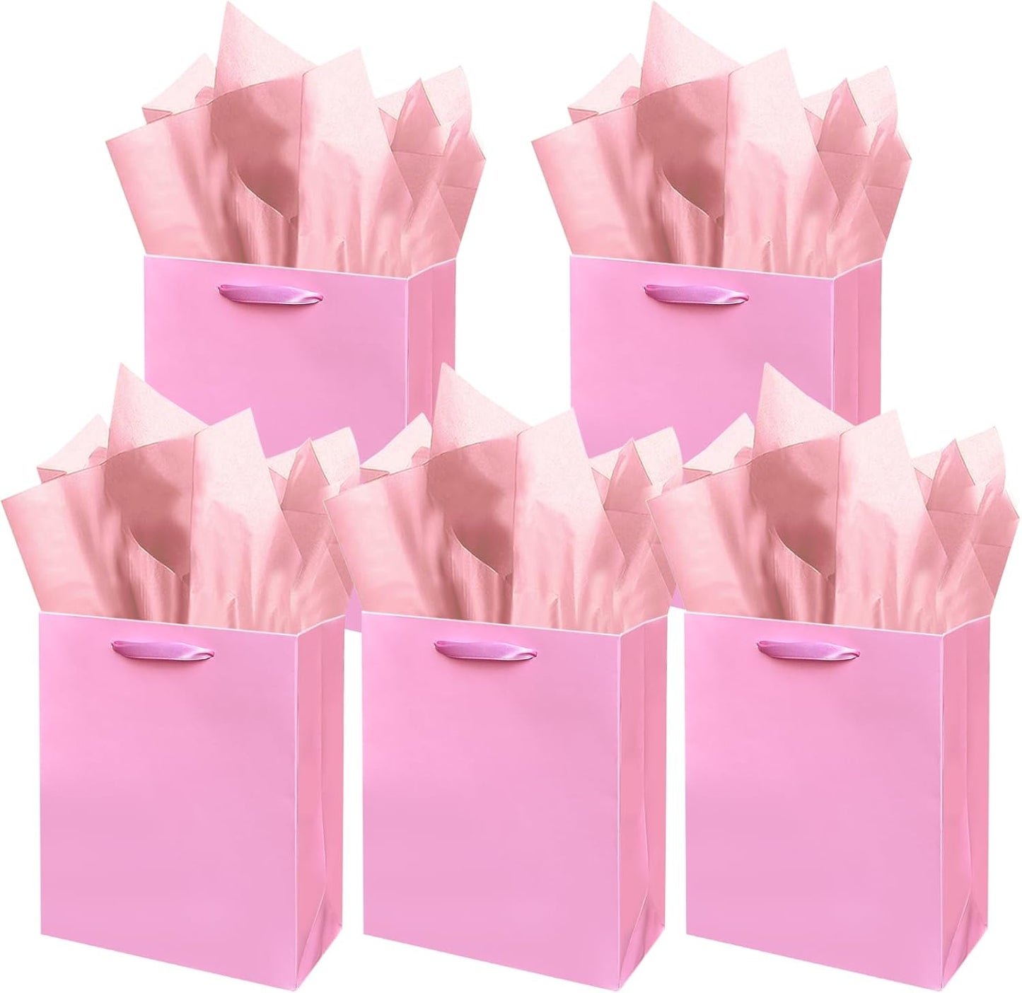 Gcardist Pink Gift Bags with Tissue Paper for Wedding, Birthday, Party - Medium Size Cardboard Gift Bags (5pcs + 10pcs Tissue Paper)