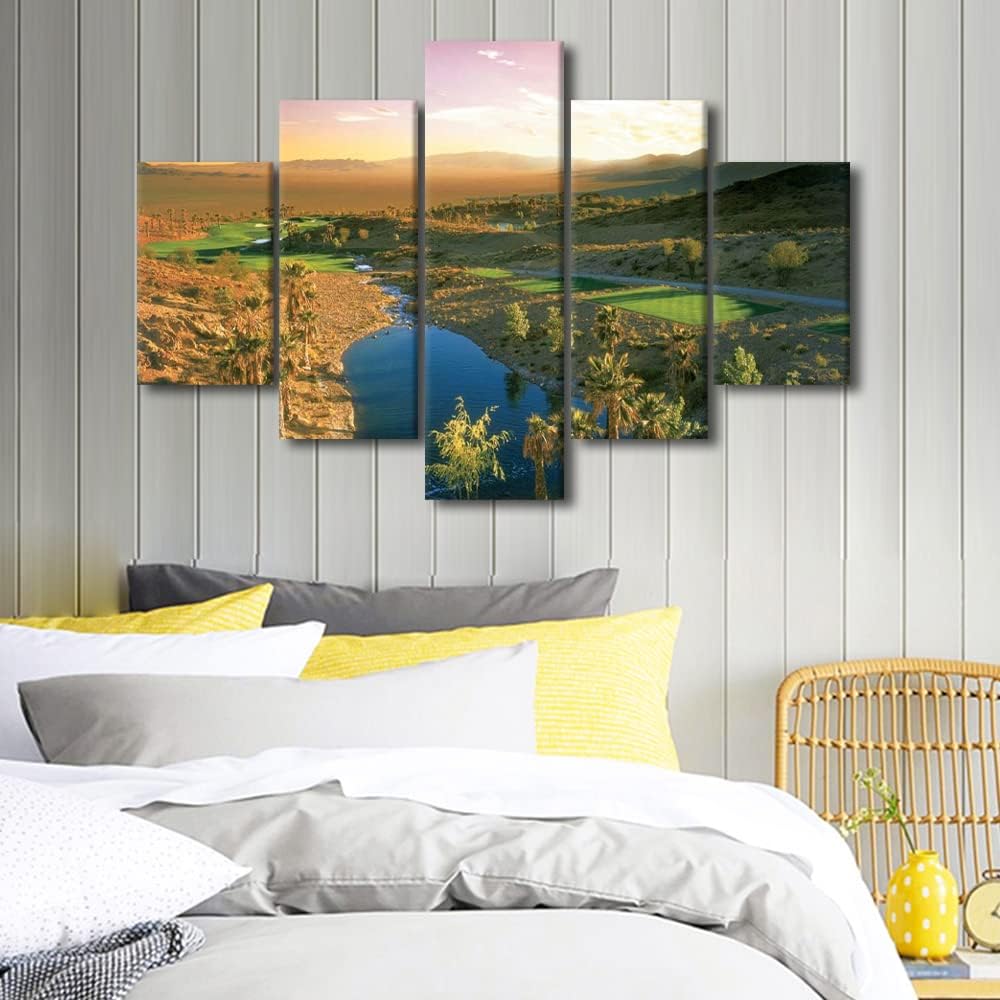 Cascata Golf Course Wall Art Green Golf Course Scenery Pictures Canvas Print Home Decor 5 Panels House Decor for Living Room Bedroom Bathroom Painting Poster Framed Ready to Hang - 60"W x 40"H