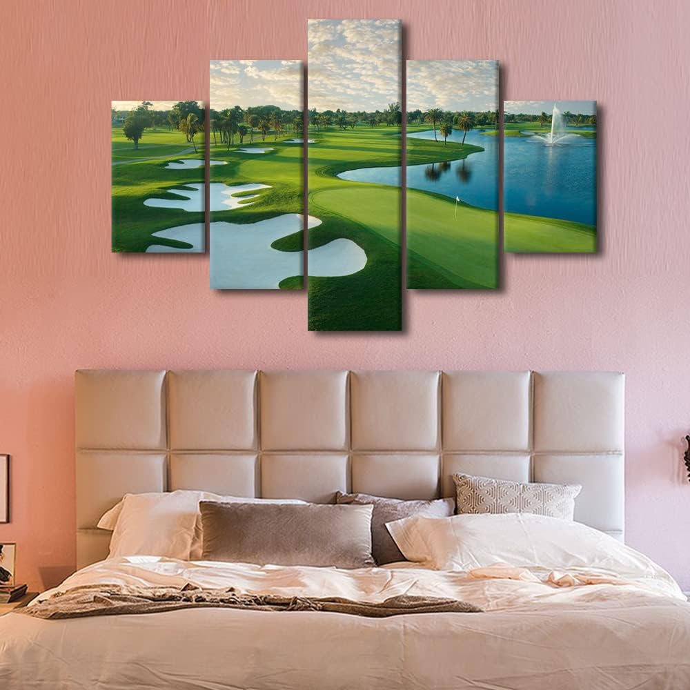 Pictures Wall Decor Golf Course Artwork Blue Lake and Green Grass Paintings for Living Room Giclee Multi Panel Prints Wall Art on Canvas House Decorations Framed Stretched Ready to Hang - 60"W x 40"H