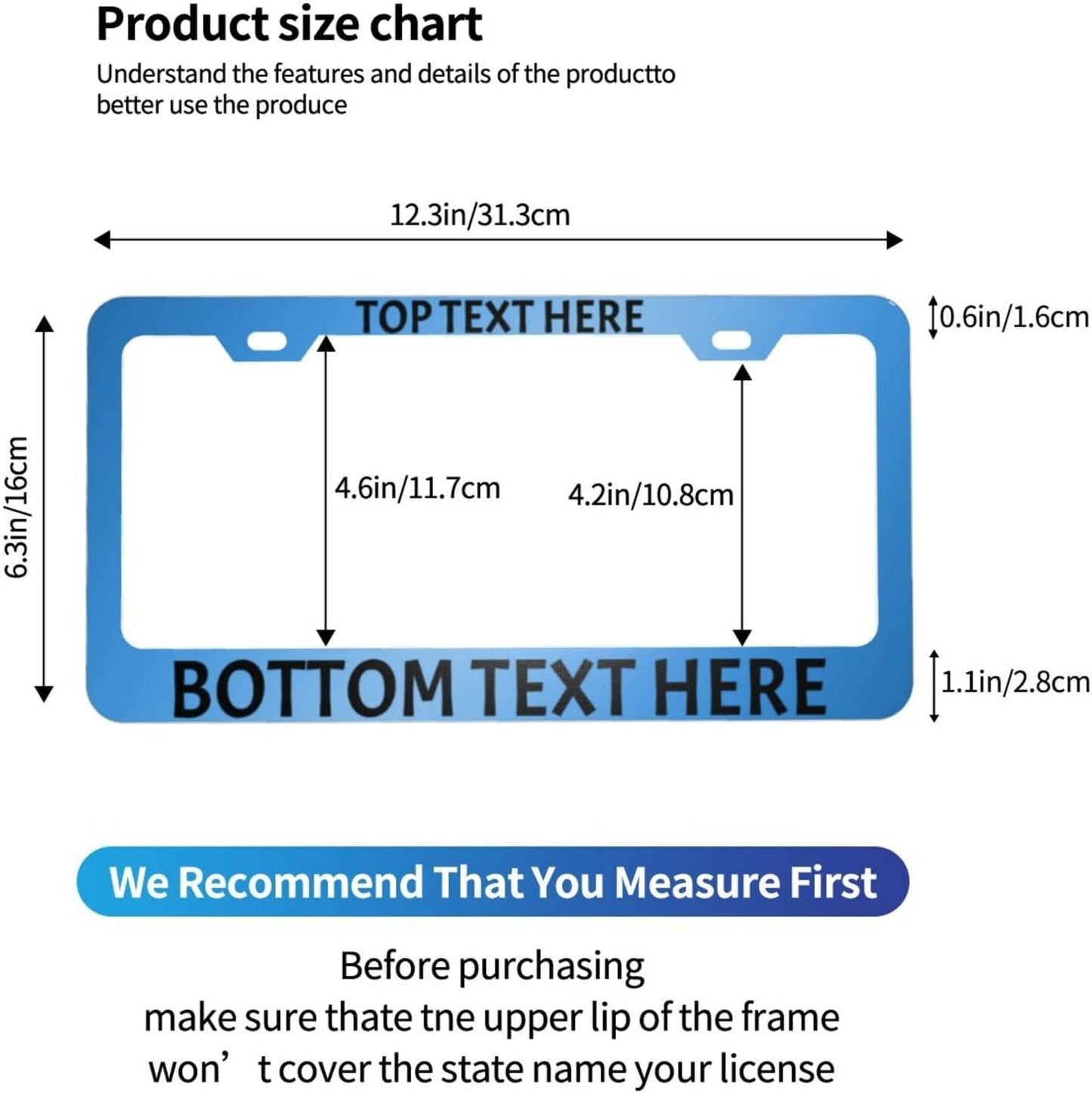 2 Pack Custom Personalized License Plate Frame Customized Car Tag Frames for Women Men with Screw Caps,12"x6",2 Holes