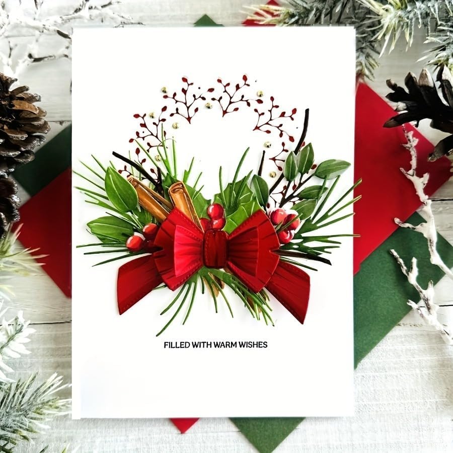 Flowers Metal Cutting Die for Scrapbooking - Cut Stencils for DIY Scrapbook Photo Album Decorative Paper Card, Card Making Supplies, Stencils & Crafting Die Cut (Green Leaves and Bow 7.1 x 4.1 in)