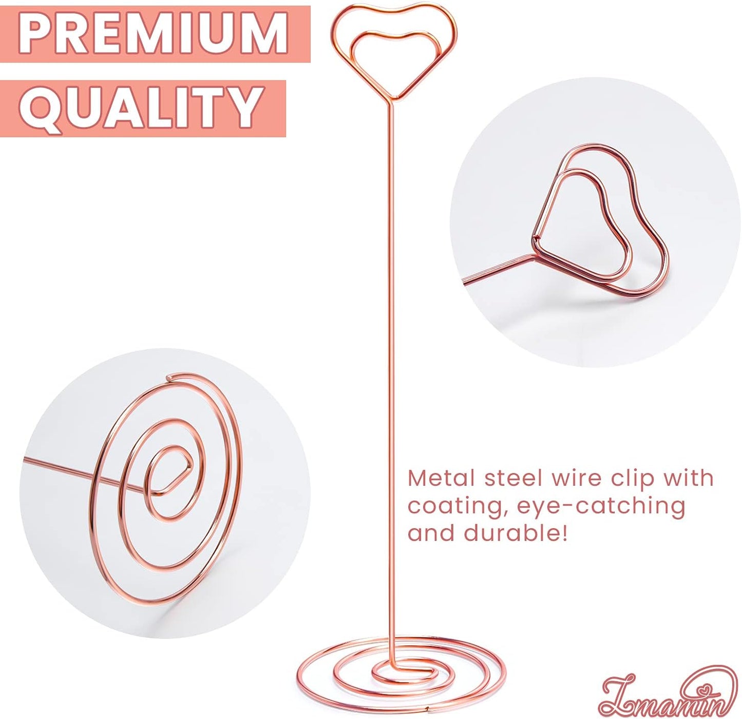 16pcs Place Card Holders, 8.75 Inches Tall Table Number Holders, Rose Gold Picture Holder for Tables with Heart Shaped Clip for Wedding, Photos, Food Signs, Memo Notes, Restaurant, Birthday