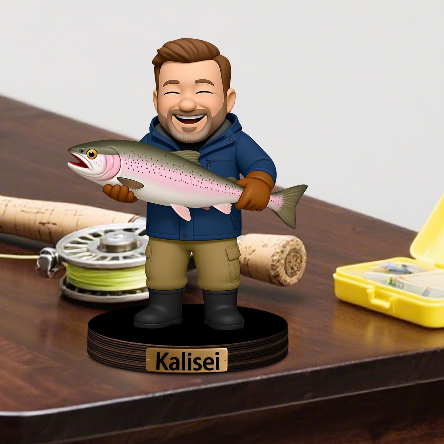 Personalized Fishing Cartoon Photo Sculpture Ornament Custom Name 2D Acrylic Desk Photo Fisherman Figurine Decor Sign Gift for Family Couple Dad Husband Fishing Lover Birthday Xmas (Style 1)