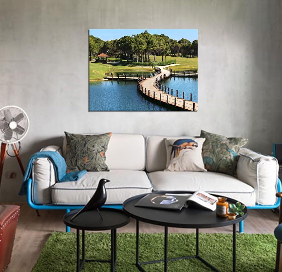 HJY Art USA Golf Course Wall Art Pictures Golf Club Wall Decor Blue Green Painting Poster for Home Decor Living Room Bedroom Bathroom Office Gym Landscape Framed Artwork Ready to Hang (18 x 24 inch)