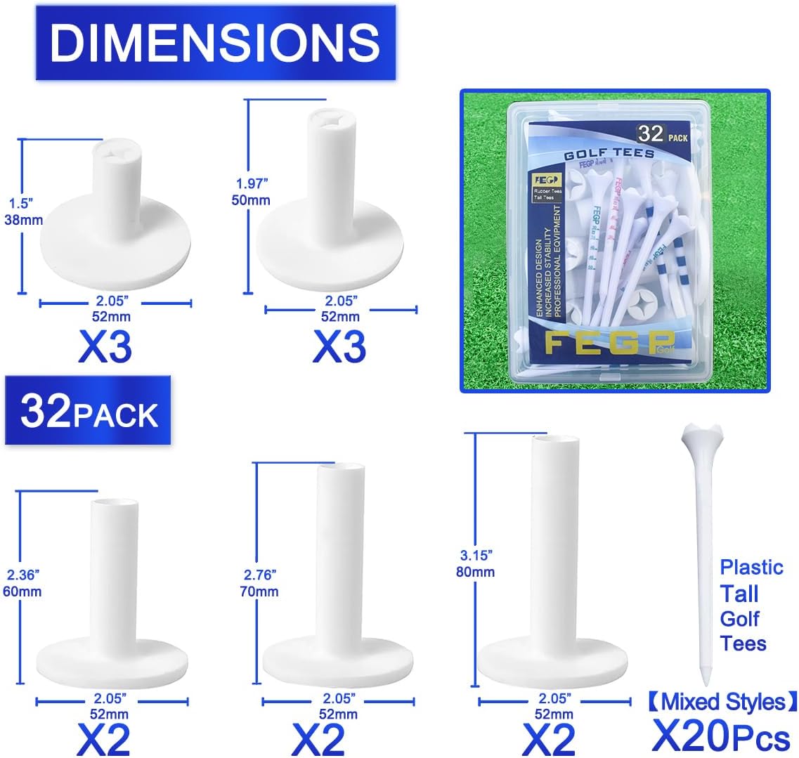32 Pack - Premium Rubber Golf Tees for Golf Mats | Tees for Driving Range &Indoor Simulators | Golf Accessories for Indoor &Outdoor Practice, 5 Sizes Rubber Tees & Tall Plastic Golf Tees.