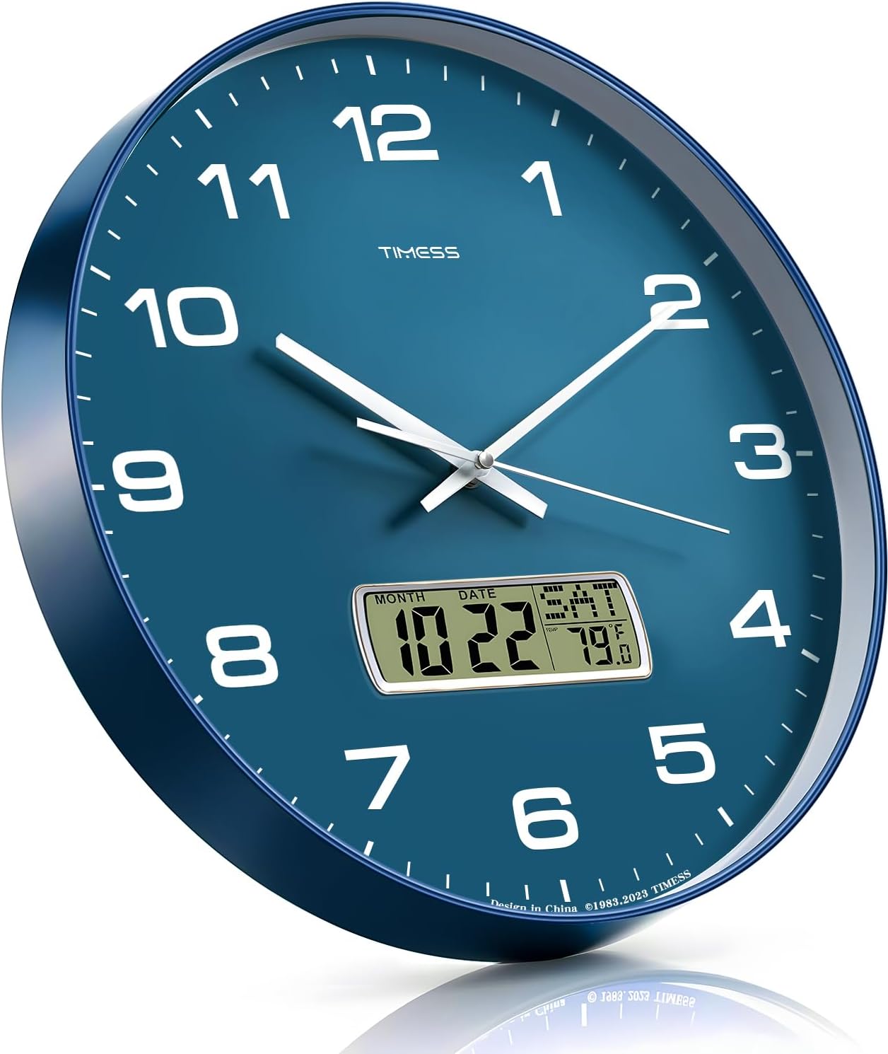 Wall Clock, 10" Dial Non-Ticking Silent Battery Operated Analog with LCD Display for Perpetual Calendar and F° Temperature, Ideal Modern Home, Bedroom, Kitchen, Office Decor (Blue)