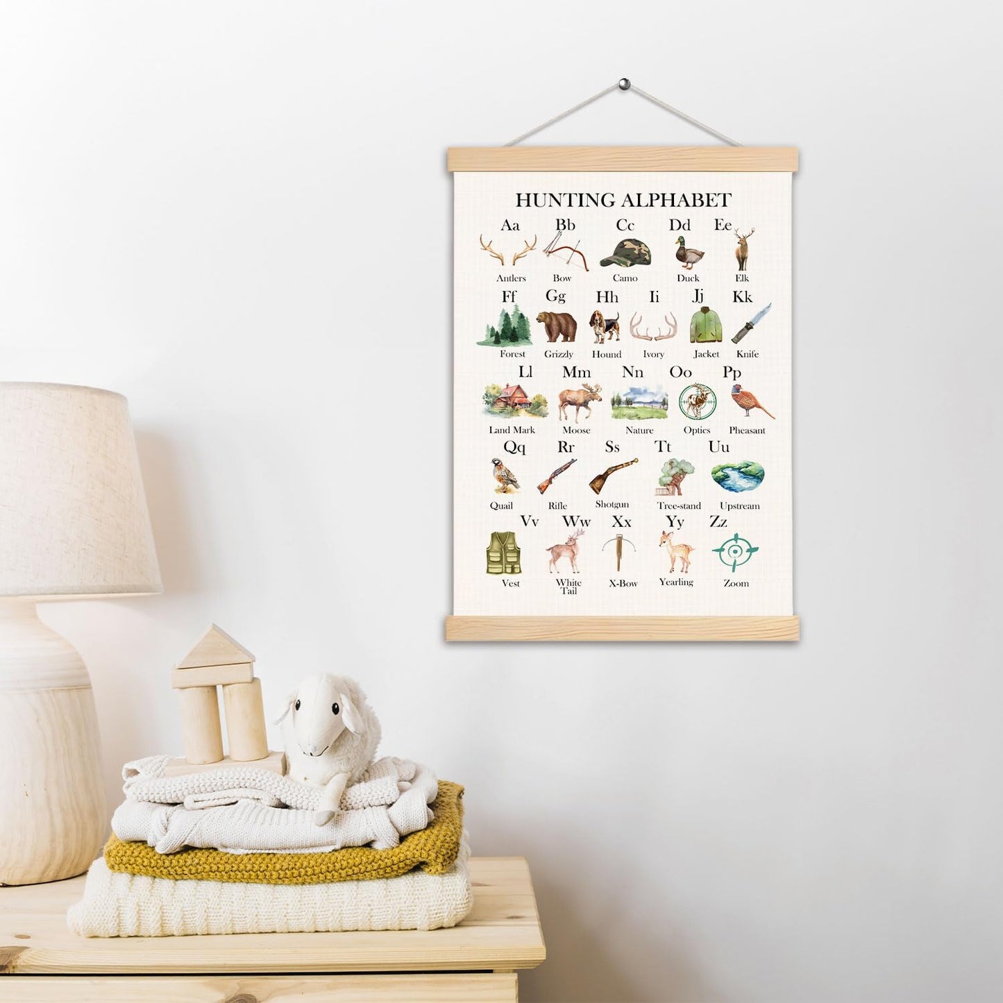 pouep Hunting Alphabet Nursery Wall Art Poster, Hunting Nursery Decor, Forest Animal ABC Alphabet Educational Canvas Prints Wall Decor for Kids Baby Toddler Boys Room Dorm, 12x16 Inches