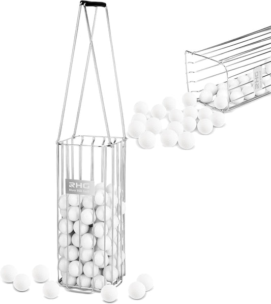 Golf Ball Retriever, 304 Stainless Steel Golf Ball Picker Upper, 2-in-1 Design Golf Ball Collector and Basket Hold Up 140 Balls, Rust-Free Shag Bag Grabber Collector Tool Bucket Simulator Accessories
