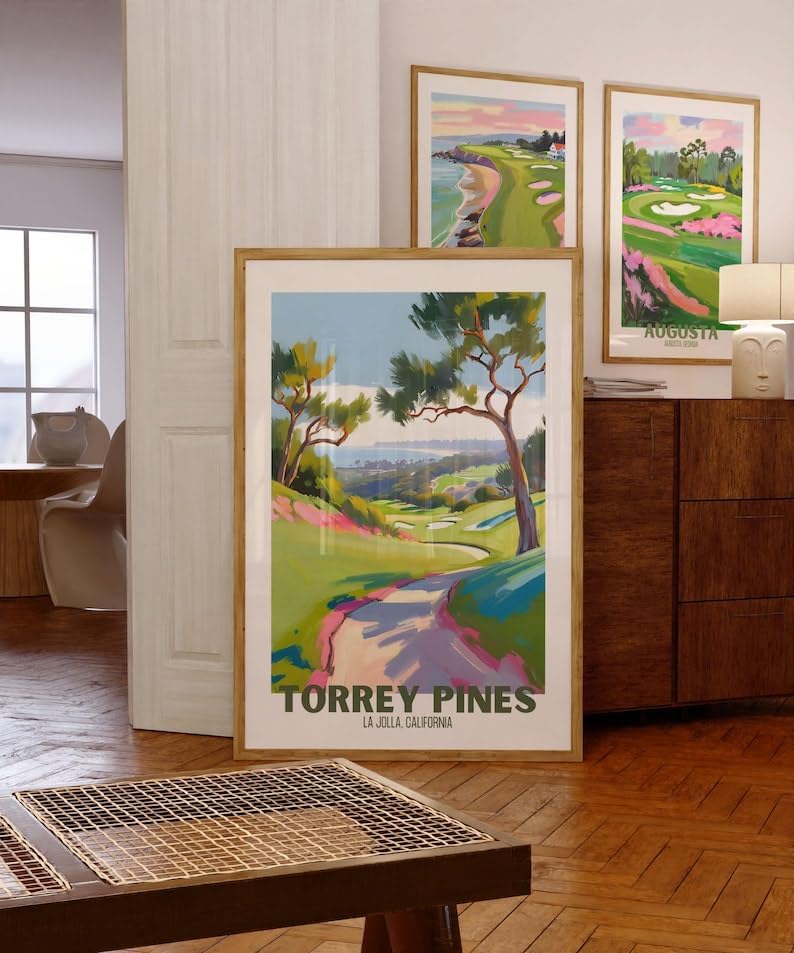 Nationcog Torrey Pines Golf Course Poster, Vintage California Travel Wall Art Print, Retro Coastal Landscape Painting, Retro Golf Artwork for Dog Lovers, Husband, or Golf Friends (Unframed) (16x24)
