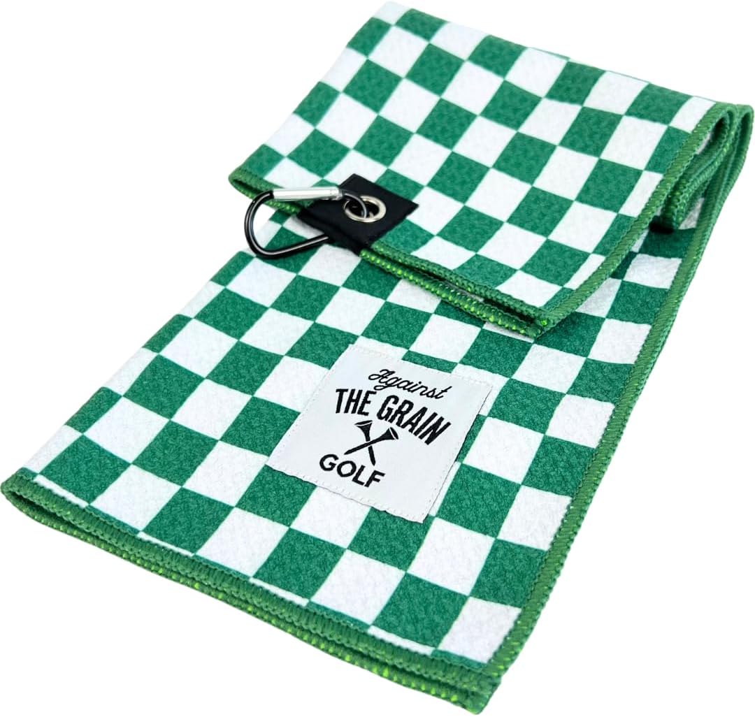 Against The Grain Microfiber Golf Towel with Clip - (12"x20") Green & White Checkered Design Golf Club Towel, Golf Towels for Golf Bags for Men & Women