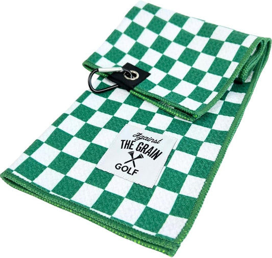 Against The Grain Microfiber Golf Towel with Clip - (12"x20") Green & White Checkered Design Golf Club Towel, Golf Towels for Golf Bags for Men & Women