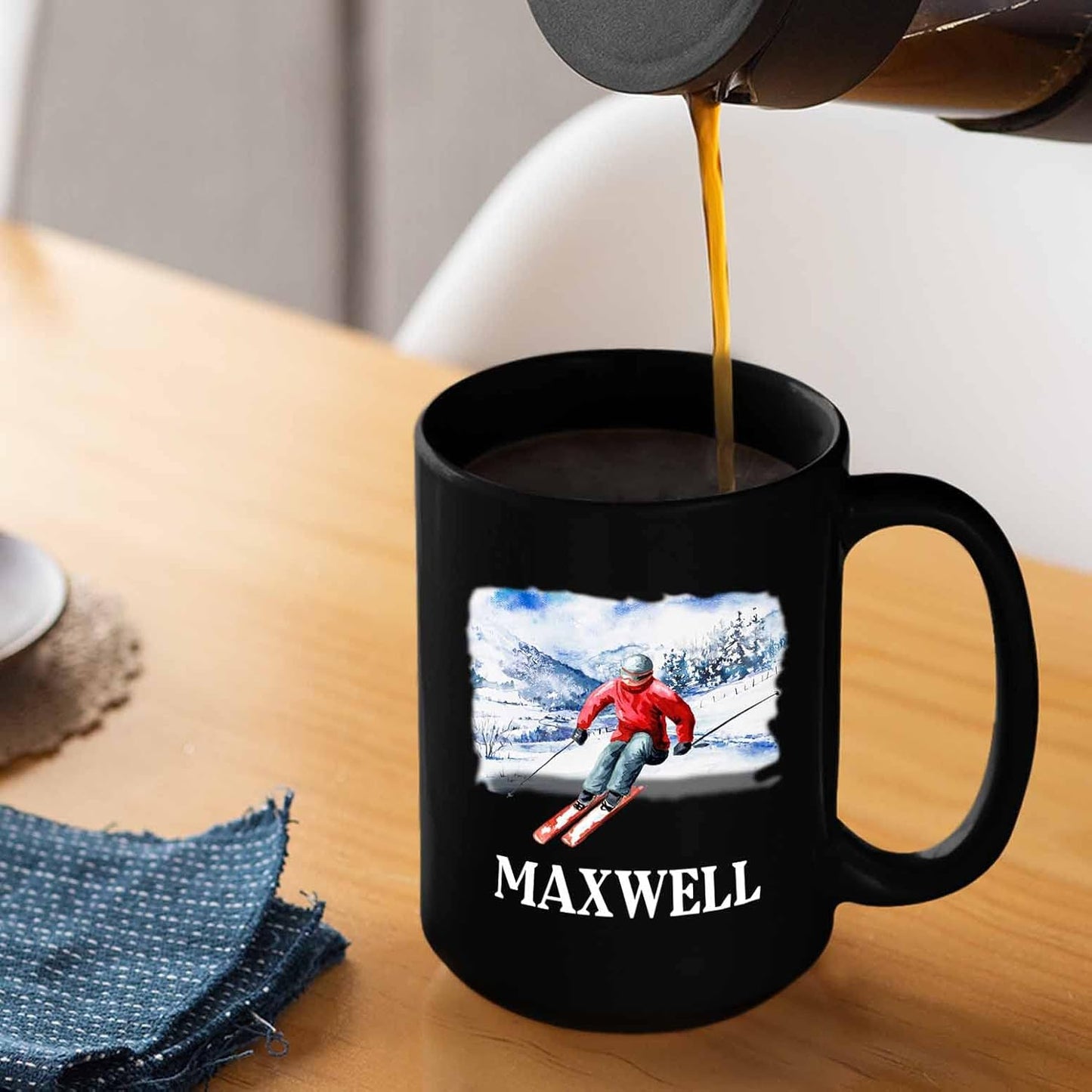 Personalized Name Skiing Black Ceramic Mug Gifts For Men Women Team Coach Skiing Lover, Skiing Ski Coffee Mugs Cups 11 Oz 15 Oz, Customized Skier Ski Lovers Travel Mug, Skier Skiing Winter Coffee Cup
