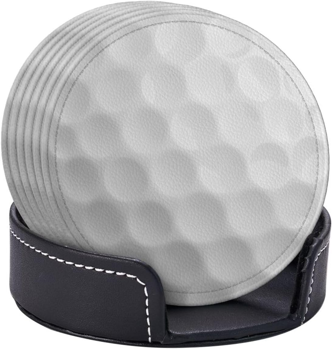 White Golf Ball Coasters For Drinks With Holder, Leather Coasters Set Of 6, Round Cups Mugs Mat Pad For Home Kitchen