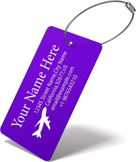 Luggage Tags for Suitcase - Personalized Engraved Metal Tag for Cruise Travel - Custom Name Tags Suitable for Bags and Backpacks(Purple),Horizontal (2x3.5'')