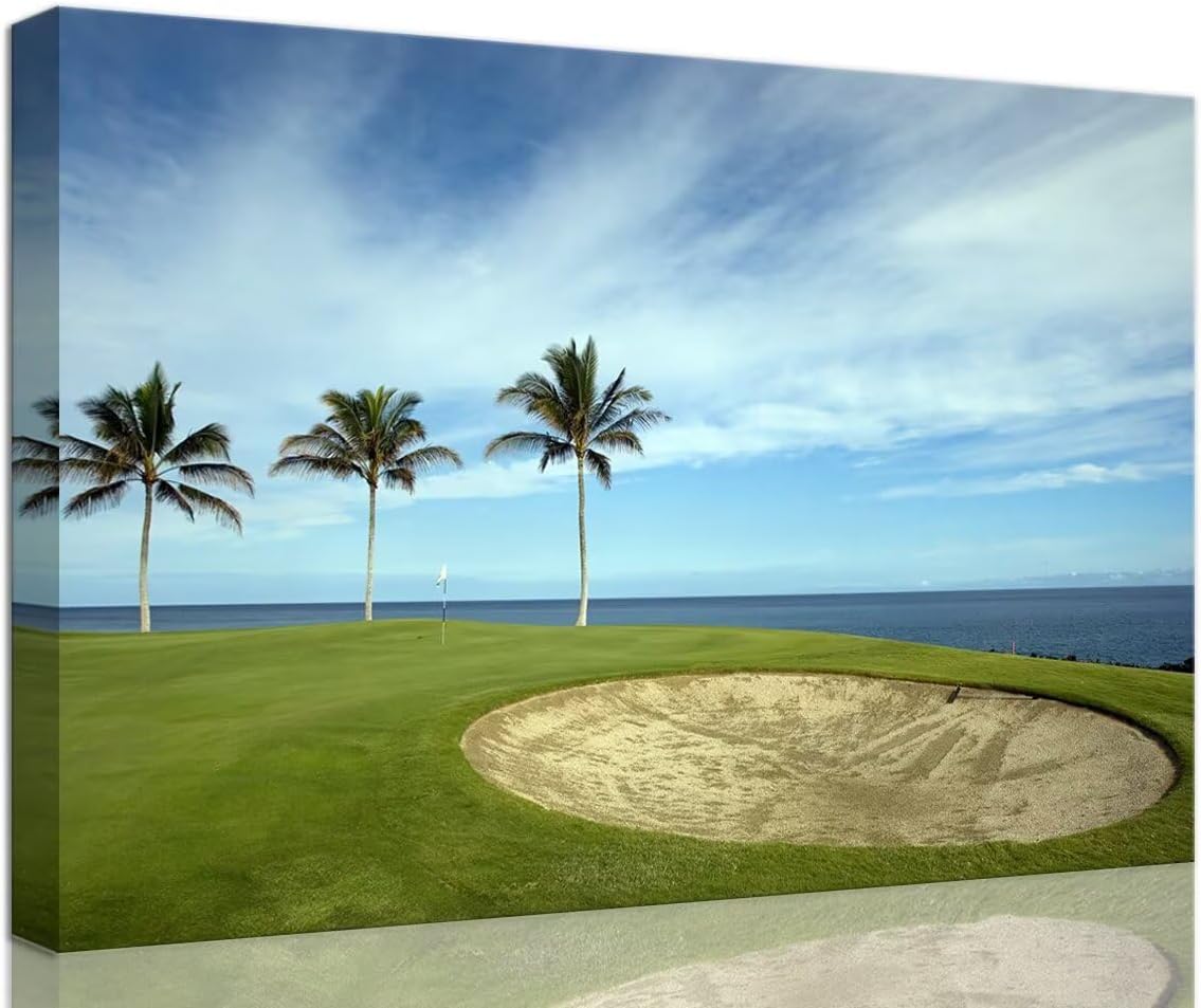 Green Hawaiian Golf Course Wall Art for Living Room Bedroom Bathroom Home Decorations Golf Art Canvas Prints Hawaii Golf Course Picture Poster Framed Artwork Ready to Hang(18''H x 24''W)