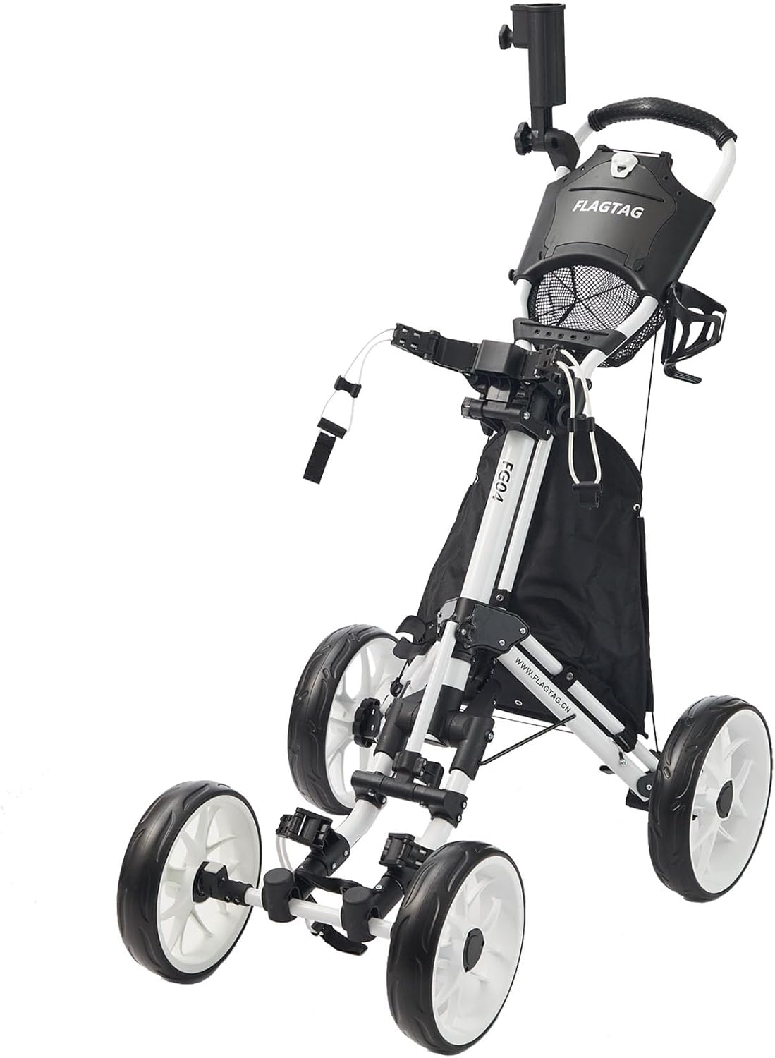 Golf Push Cart 4-Wheels,Folding Golf Cart, Golf Pull cart with Cup Holder,Umbrella Holder,Cooler Bag, Foldable with one-Click,Handle Height Adjustable,Drink Holder,Walking Push cart