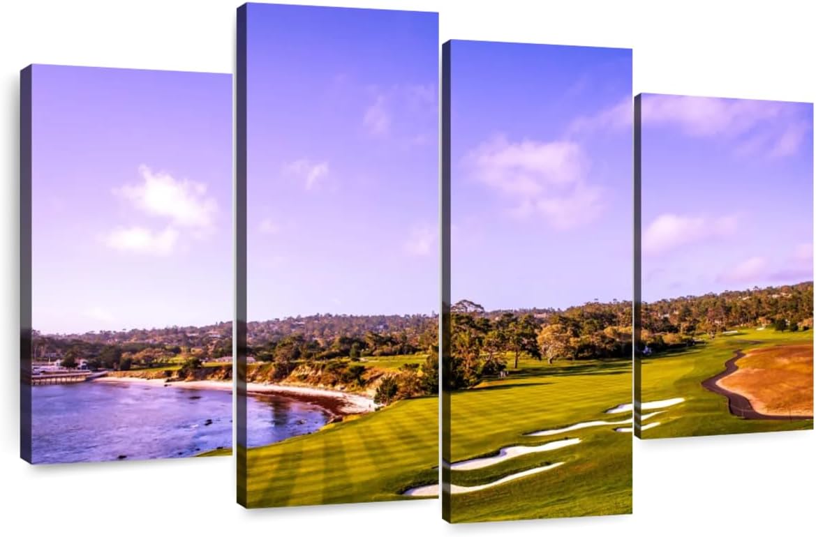 Elephant Stock Coastline Green Golf Course Wall Art - Horizontal Canvas - 4-Piece Living Room Wall Decor - Photography Sports Canvas Print - Blue and Gray Decor for Wall - 24" X 14"