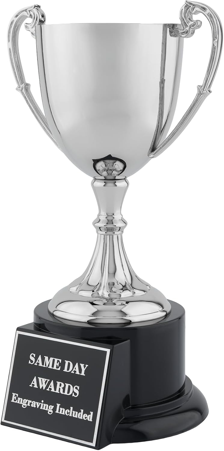 Elite Nickel-Plated Metal Trophy Cup – Custom Engraved Award Polished Finish on Ebony Wood Base, Premium Recognition for Golf, Tennis, Corporate Awards, Championship Events & Competitions