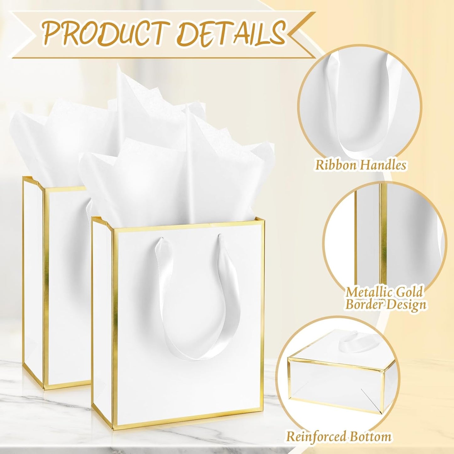 Yeaqee 24 Pack Metallic Paper Gift Bags with Handle and Tissue 9x7x3.1 Gold Foil Welcome Favor Bags Return Gifts for Wedding Fall 5 Senses Christmas Bridesmaid Birthday(White Gold)