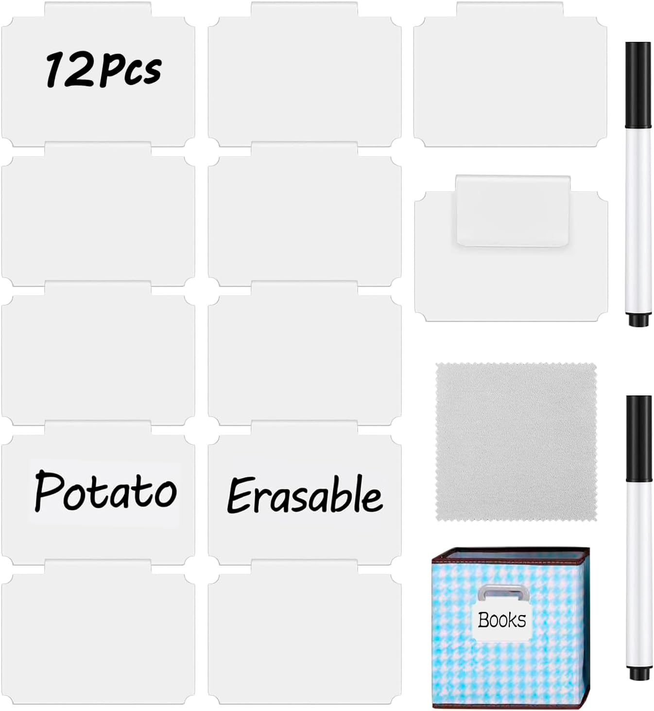 Erasable Label Clips - 12 White PVC Bin Tags with 2 Chalk Markers | Reusable Basket Clips for Pantry, Warehouse & Home Organization, Eco-Friendly Chalkboard Labels