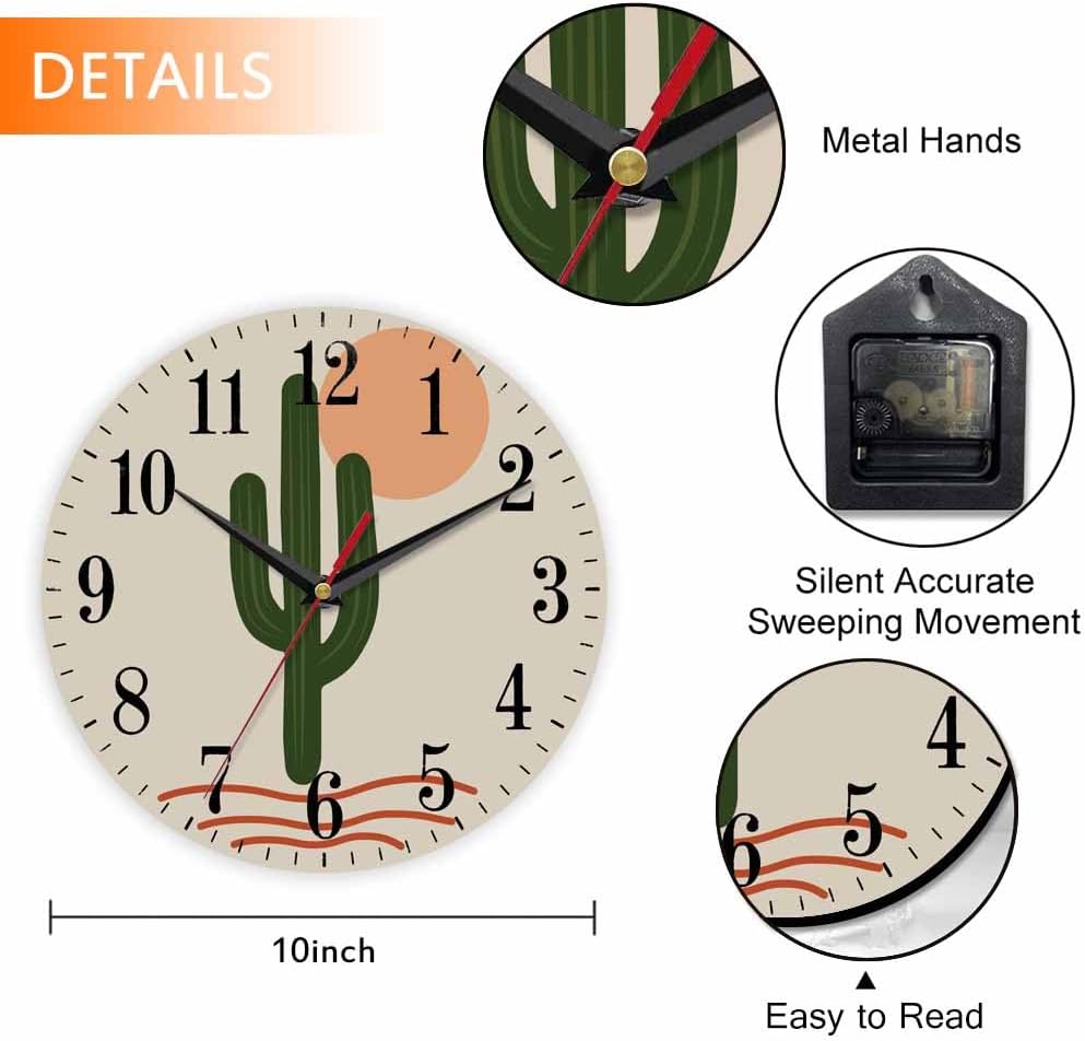 Mxocom Cactus Wall Clock Abstract Green Cacti Desert Wild Tropical Plant 10 Inch Silent Non Ticking Battery Operated Clock Vintage Round Clock for Living Room Bedroom Bathroom Office Decor