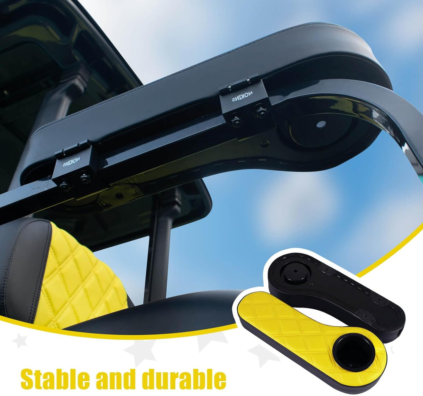 NOKINS Golf Cart Diamond Flip Armrest with Cup Holder, No Drilling Required, Golf Cart Folding Hinged Armrest, Inward Mount, for Club Car EzGo Yamaha Back Seat Kit