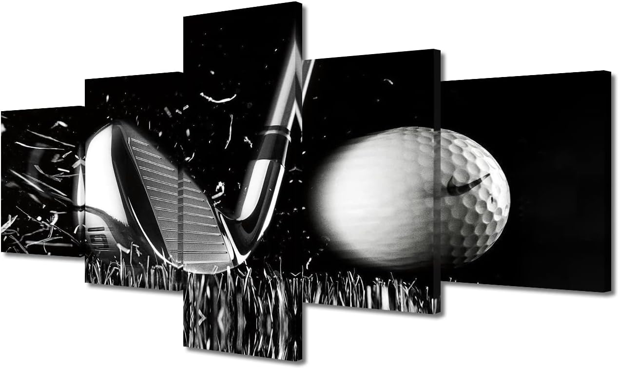 Black and White Paintings Golf Pictures 5 Panel Canvas Golf Ball Wall Art for Living Room Golfing Sport Golf Course Artwork Modern Home Decor Giclee Posters and Prints Framed Ready to Hang - 50"Wx24"H