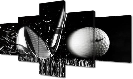Black and White Paintings Golf Pictures 5 Panel Canvas Golf Ball Wall Art for Living Room Golfing Sport Golf Course Artwork Modern Home Decor Giclee Posters and Prints Framed Ready to Hang - 50"Wx24"H