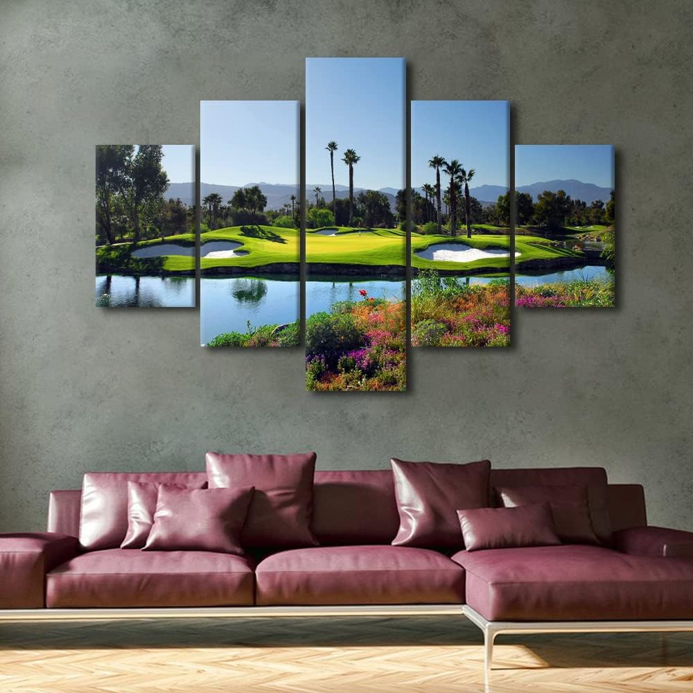 Golfer Pictures for Living Room Golf Course Scenery Paintings Golf Course Artwork 5 Piece Prints Wall Art on Canvas Modern House Decorations Gallery-Wrapped Framed Stretched Ready to Hang - 60"Wx40"H