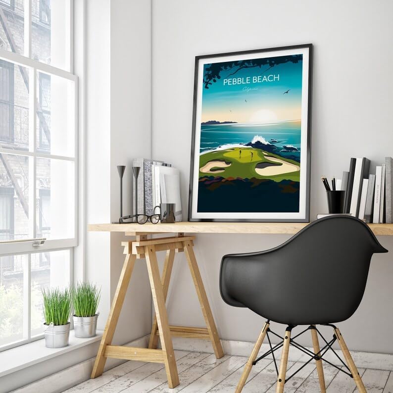 Nationcog Pebble Beach, California Golf Print - US Open Golf Travel Poster, Pebble Beach Golf Poster, California Golf Course Art, Scenic Ocean Golf Print, Luxury Golf Resort Decor (Unframed) (12x18)