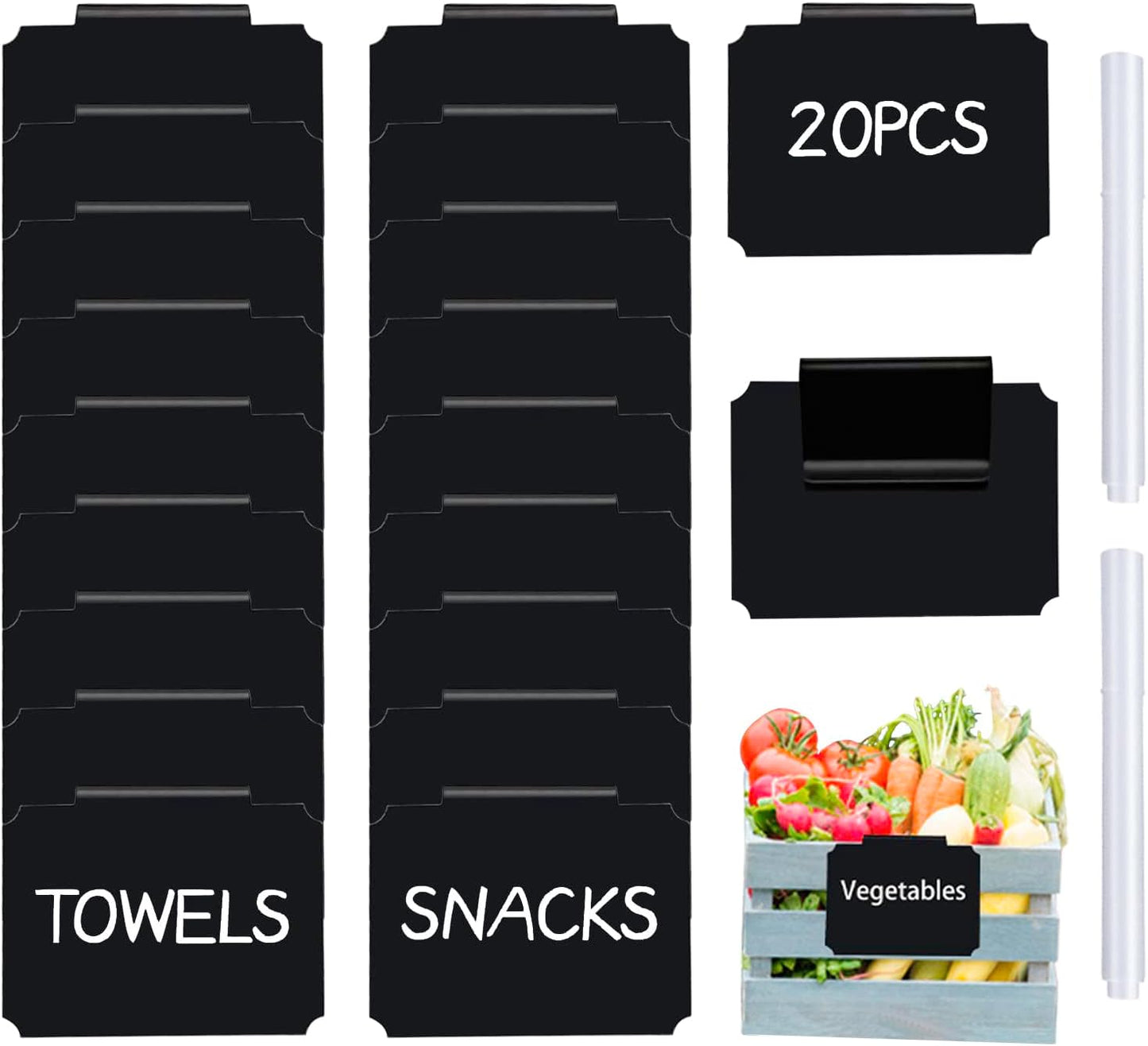 20 Basket Labels Clip On, Reusable Labels for Storage Bins, Removable Chalk Labels for Containers, Kitchen Closet Baskets and Storage Basket Holders with 2 White Chalk Markers