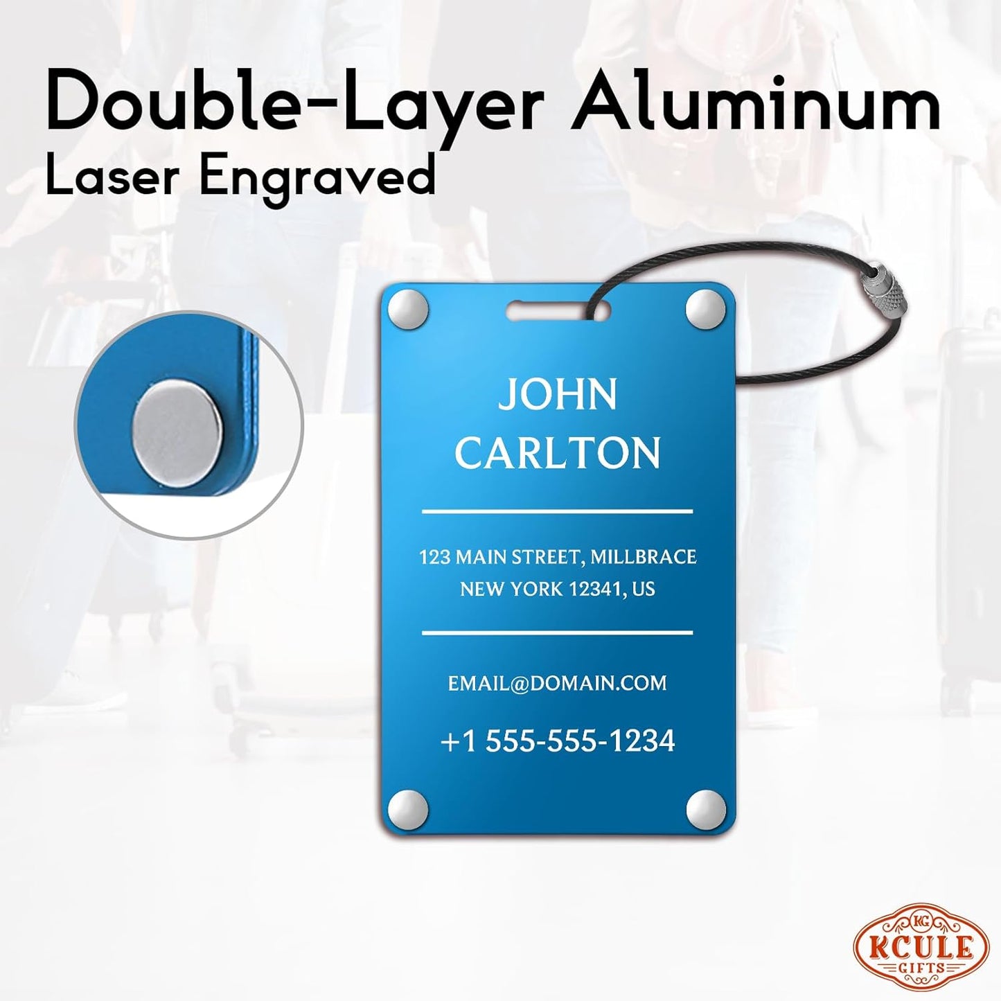 Personalized Luggage Tags for Suitcases - Aluminum Custom Luggage Tags for Backpacks & Bags, Sturdy, Waterproof & Heavy Duty (Blue/Card-Sized)