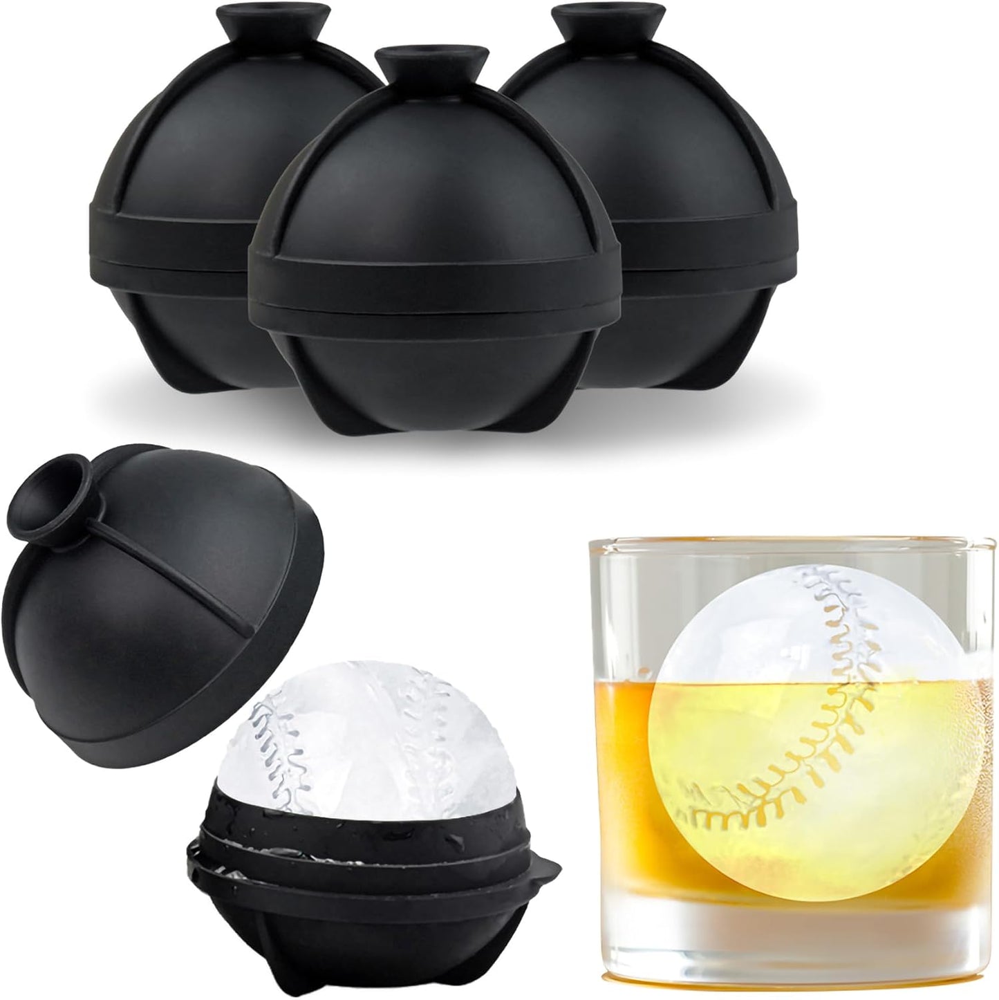 Bangp Baseball Ice Cube Molds Set of 4,Whiskey Round Ice Cube Molds,Novelty Sphere Ice Molds Create 2.5 Inch Baseball Shaped Ice Balls - Each Stone Keeps Your Drinks Cool and Unique,for Men and Women