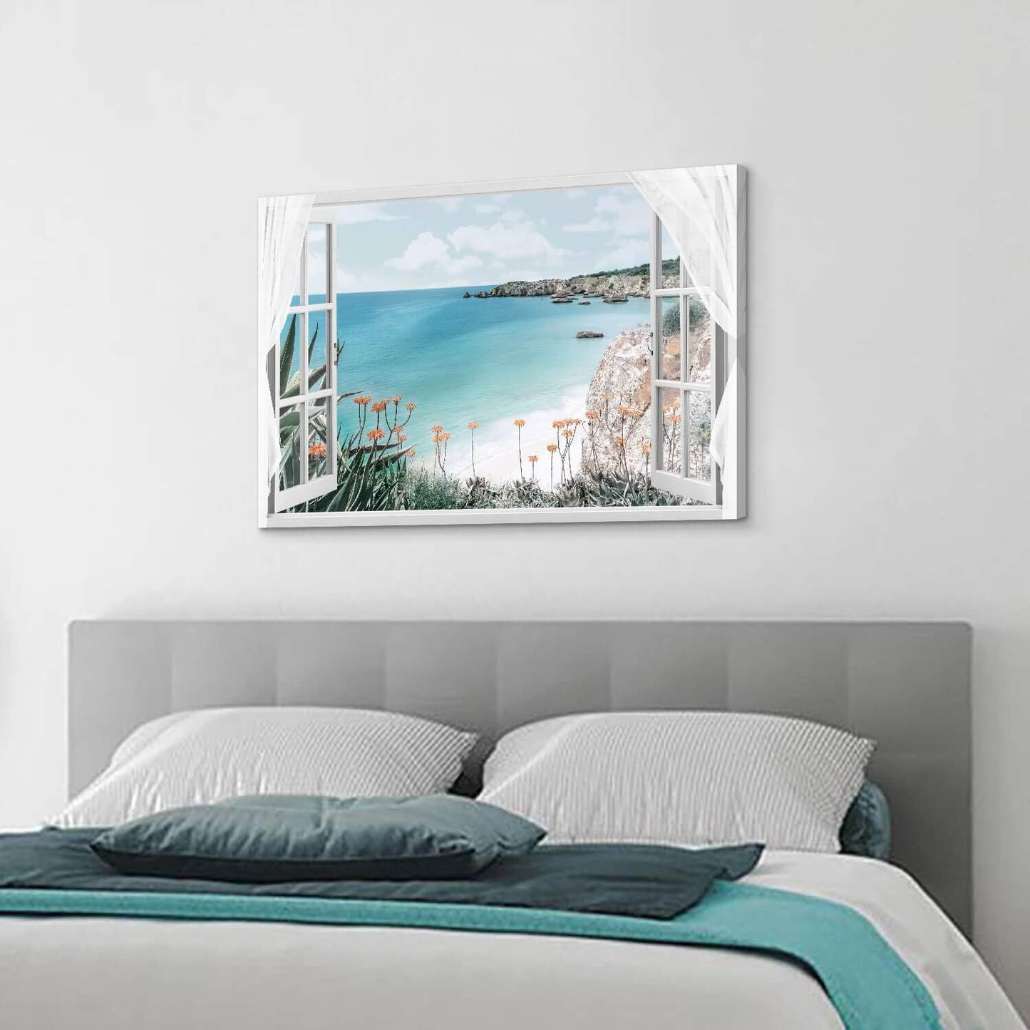 Window Canvas Art Sea Picture: Open Window into Blue Ocean with Beach Wall Art Coastal Artwork for Bedroom (36'' x 24'' x 1 Panel)