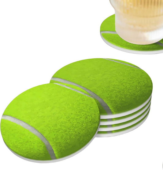 Tennis Ball Coasters for Drinks Set of 4, Absorbent Ceramic Drink Coasters for Coffee Table Wooden Table Cup Bar, 4 Inches