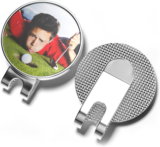 2 Personalized Golf Ball Markers Magnetic with Hat Clips, Golf Markers Customized with Your Photo, Logo and Text, Golfing Accessories Train Aids Tool Gift for Golfers Men Women