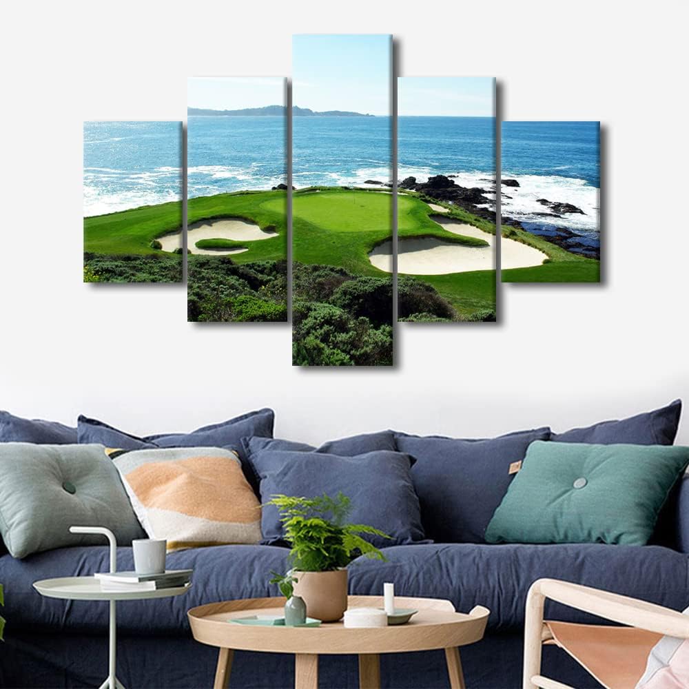 5 Pieces Pebble Beach Golf Course Canvas Wall Art Green Golf Course Home Decor for Living Room Wall Decor Modern Artwork for Home Walls Poster and Prints Stretched and Framed Ready to Hang - 60"Wx40"H