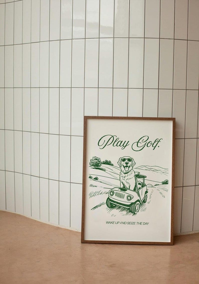 Golf Wall Art Print, Play Golf Poster with Golden Retriever in Cart, Retro Sketch Artwork, Trendy Sports Decor, Inspirational Golf Quote Print, for Dog Lovers (Unframed) (12x18)
