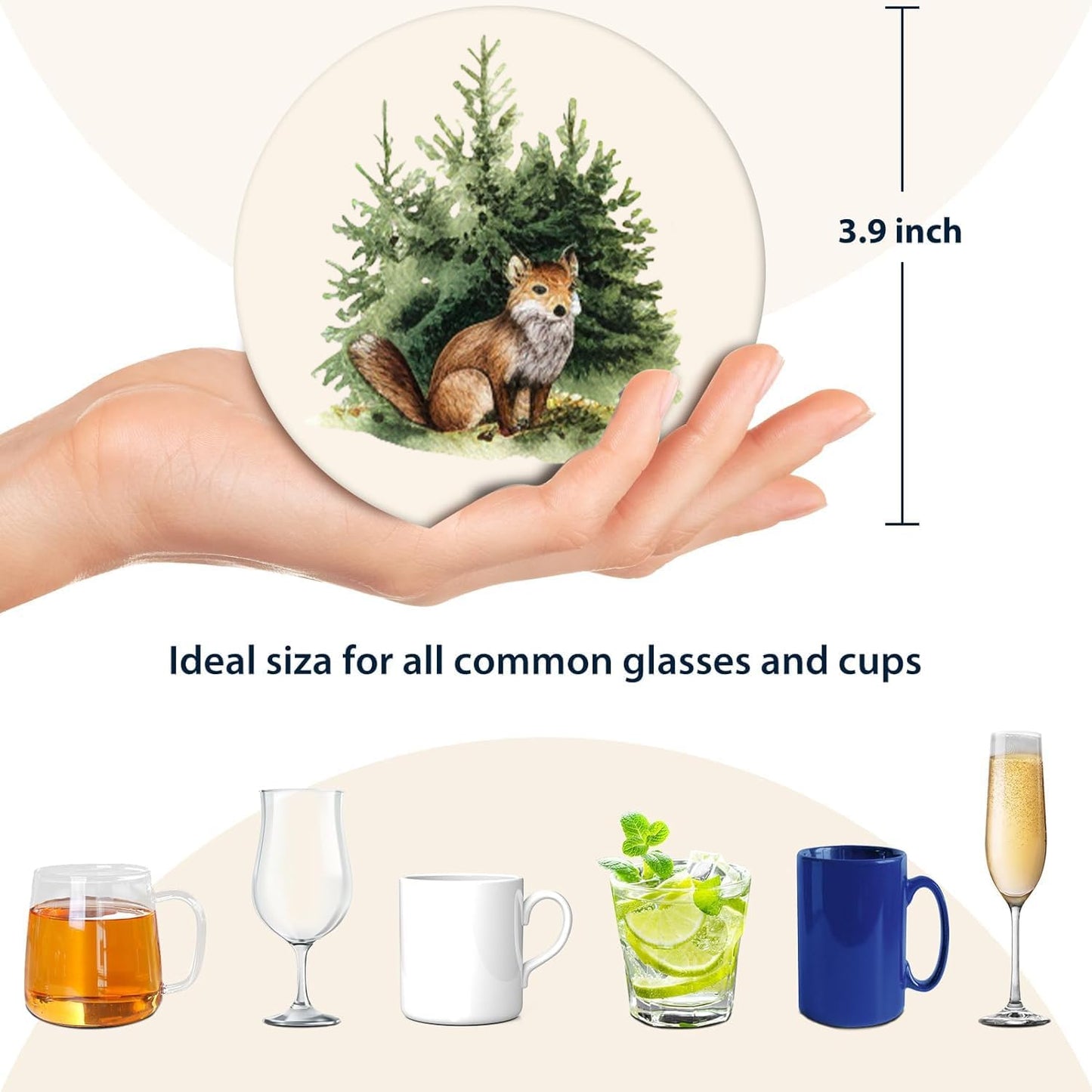 Boho Set of 6 Coasters for Drinks Absorbing Round Ceramic Stone Coaster with Cork Base,Tabletop Protection Mat for Mugs and Cups,Office,Kitchen (Forest)