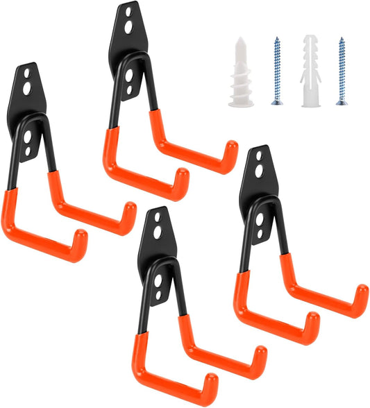 4 Pack Garage Hooks Heavy Duty - Supports 100 lbs, Utility Steel Garage Hanger & Organizer for Organizing Garden Lawn Tools, Ladders, Garden Hose, Digging Shovel, Bikes, Ropes (Orange)