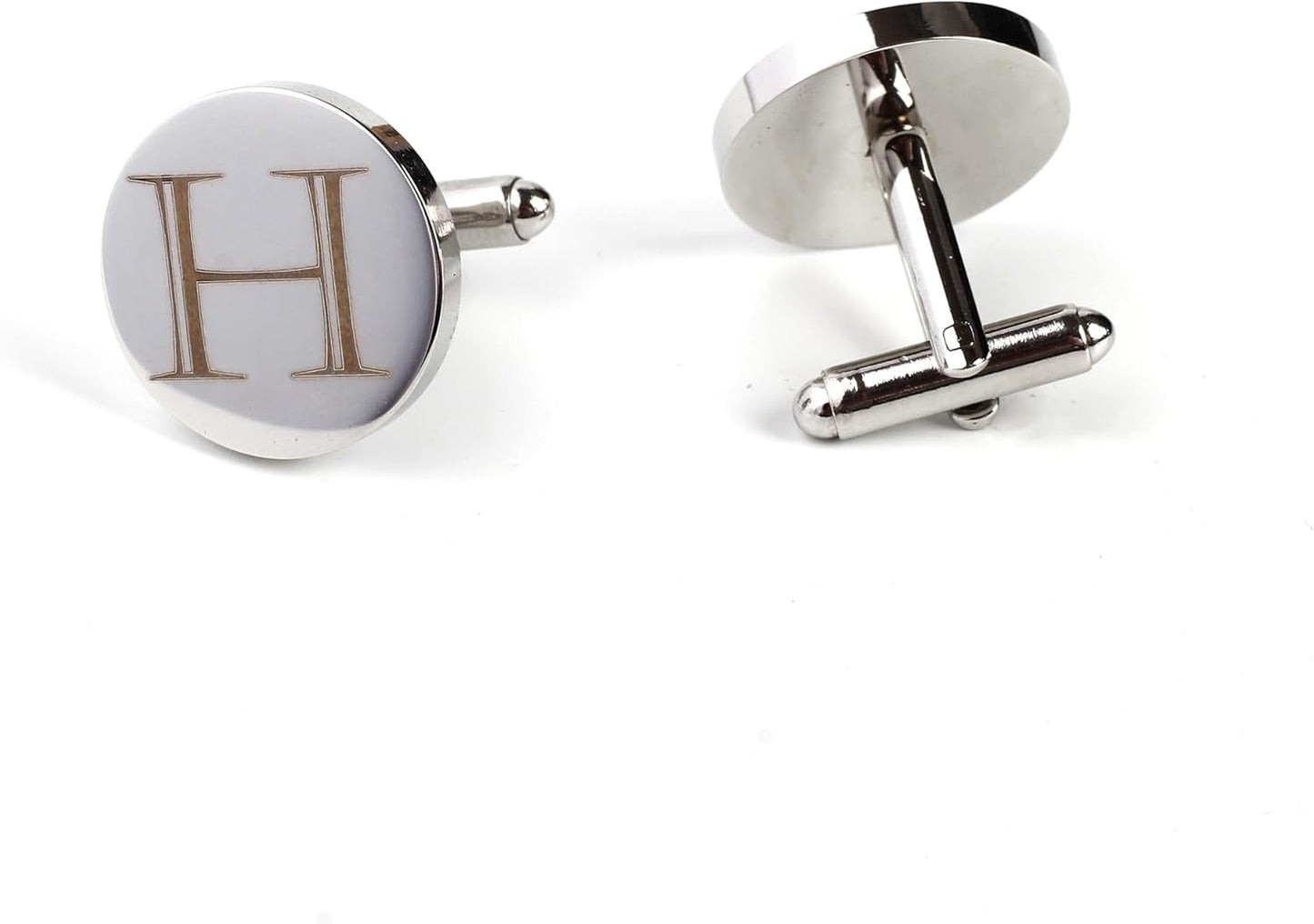 Mens Initial Silver Cufflinks A-Z Alphabet Letter Steel Cuff Links with Engraved Walnut Wood Box Groom Groomsman Wedding Set…