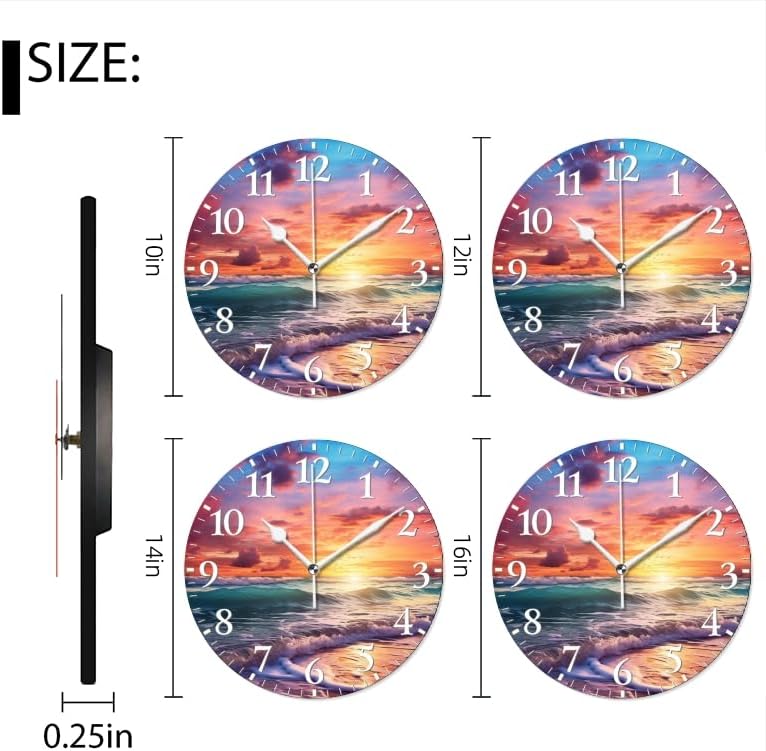 Beach Wall Clock Non-Ticking Silent Clocks Battery Operated Analog Decor Clock for Home-Beautiful Beach Sunset with Colorful Clouds and Waves(12inch)