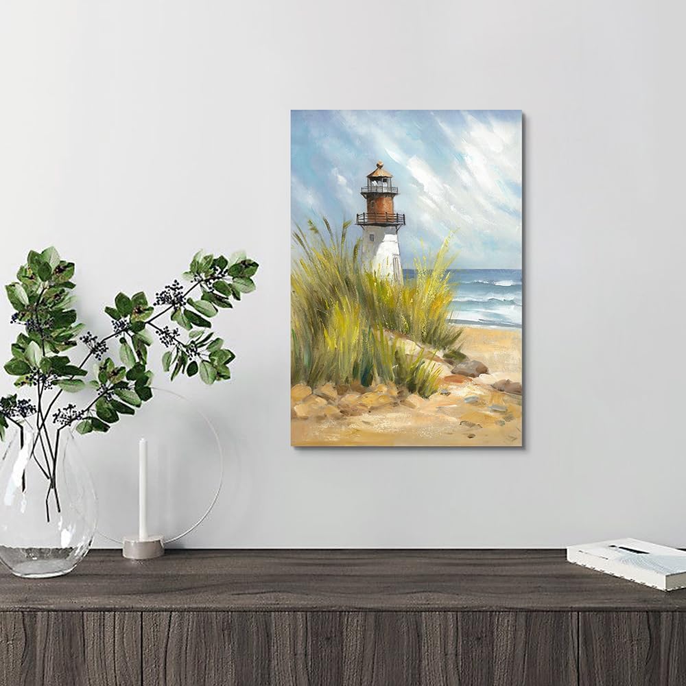 coastal wall art lighthouse pictures: beach wall decor coastal artwork nautical ocean print in beach canvas painting for bathroom 11" x 16"